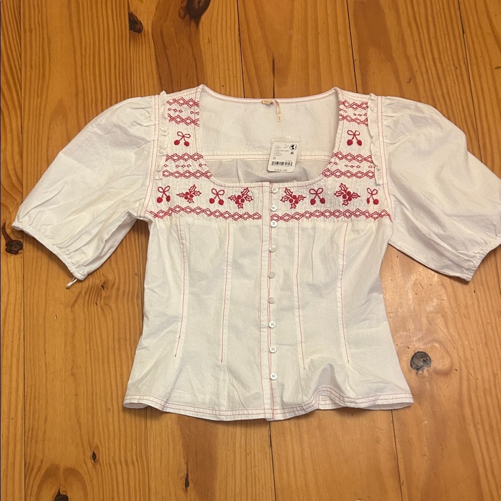 NWT Free People White Blouse with Red Embroidery